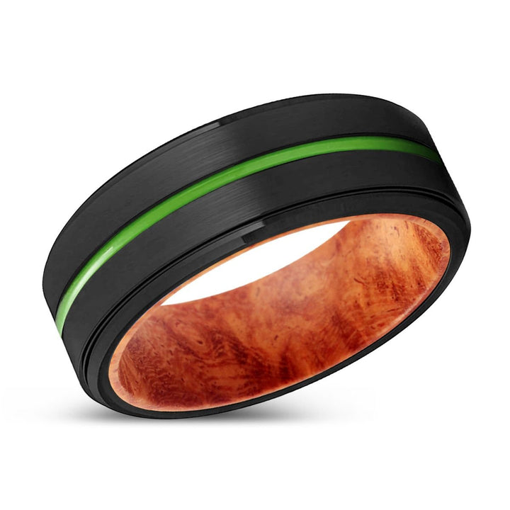 SALINAS | Red Burl Wood, Black Tungsten Ring, Green Groove, Stepped Edge - Rings - Aydins Jewelry - 2