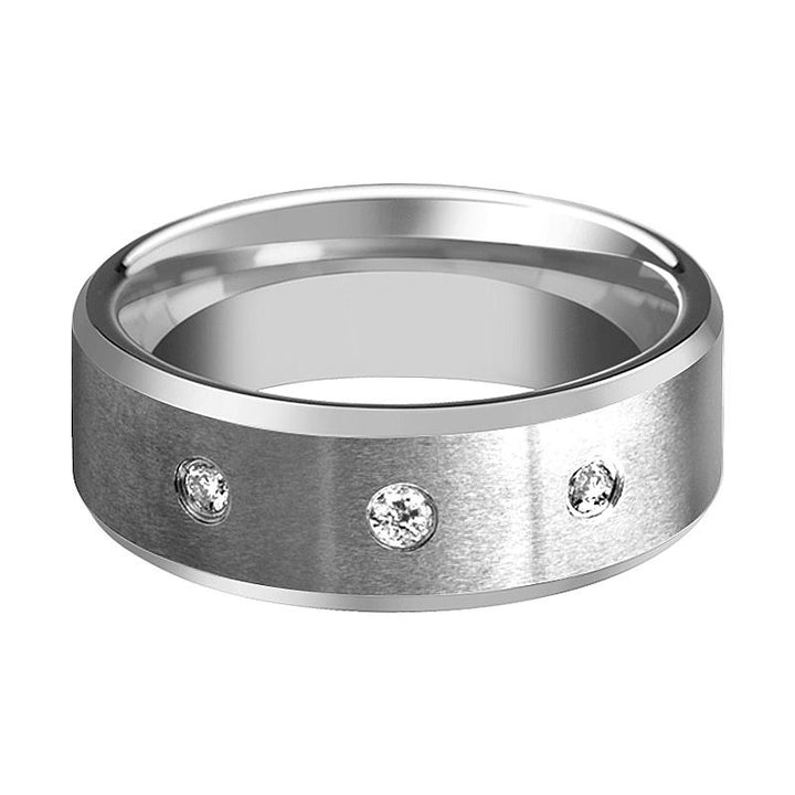 SAMUEL | Silver Tungsten Ring, 3 Diamonds, Beveled - Rings - Aydins Jewelry - 2