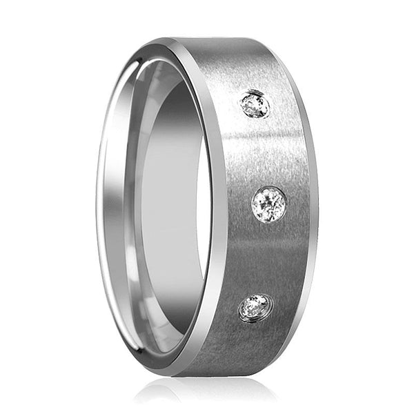 SAMUEL | Silver Tungsten Ring, 3 Diamonds, Beveled