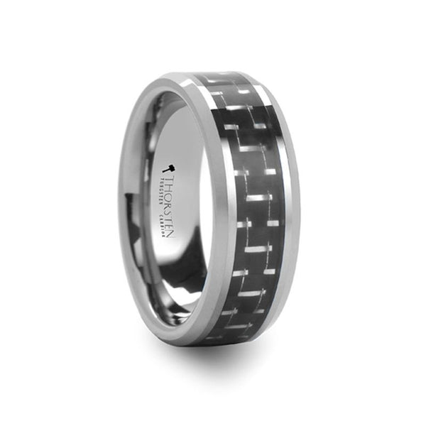 SAN DIEGO | Silver Tungsten Ring, Black & Silver Carbon Fiber Inlay, Beveled