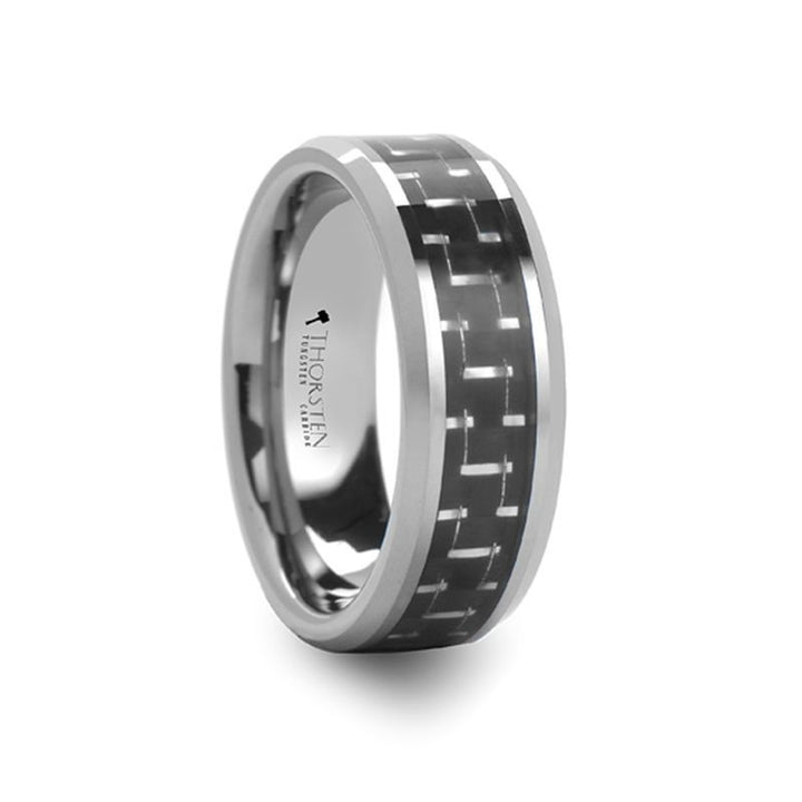 SAN DIEGO | Silver Tungsten Ring, Black & Silver Carbon Fiber Inlay, Beveled - Rings - Aydins Jewelry - 1