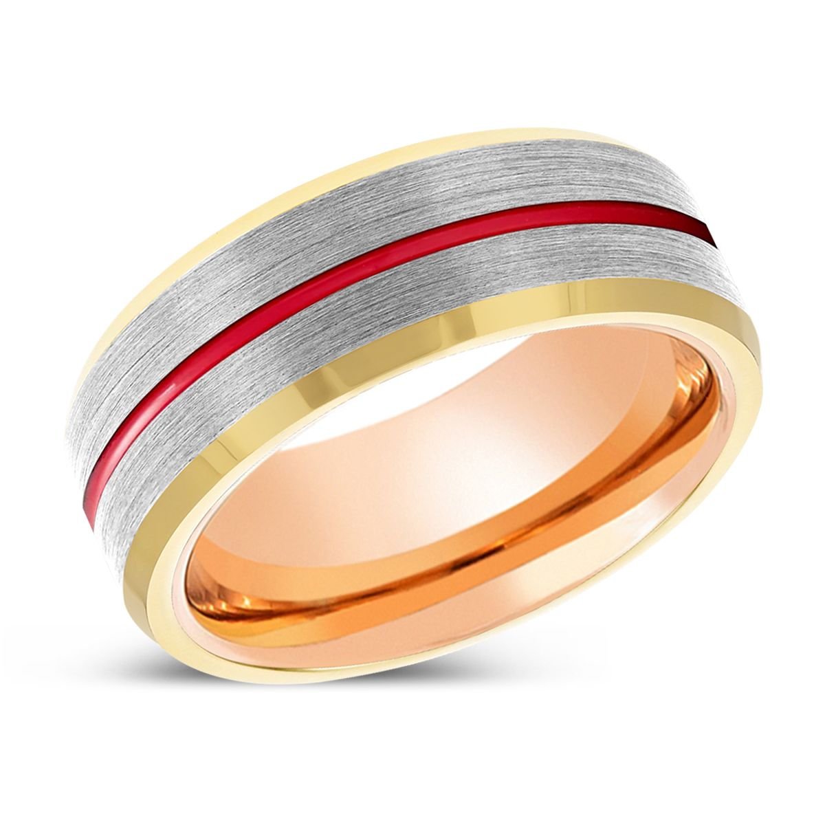 SANDMAN | Rose Gold Ring, Silver Tungsten Ring, Red Groove, Gold Beveled Edge - Rings - Aydins Jewelry - 2