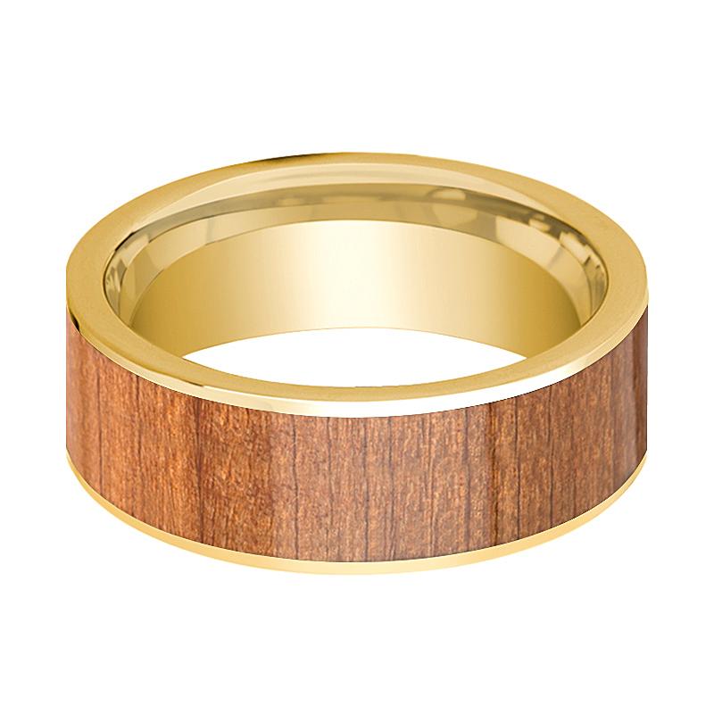 Sapele Wood inlay 14k yellow gold wedding band 8mm, side profile