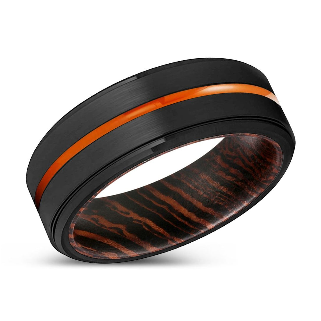 SASKATOON | Wenge Wood, Black Tungsten Ring, Orange Groove, Stepped Edge - Rings - Aydins Jewelry - 2