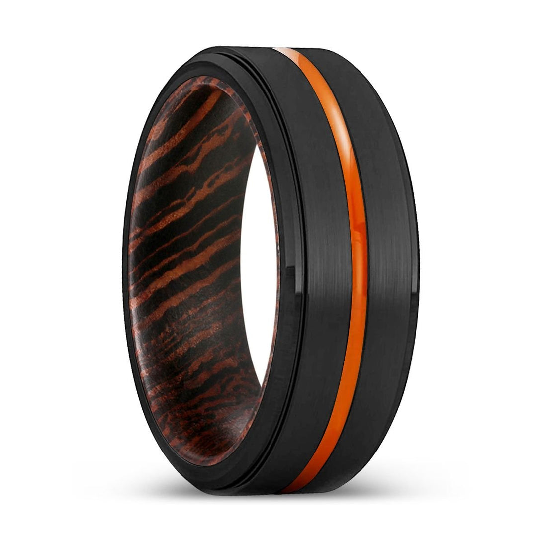 SASKATOON | Wenge Wood, Black Tungsten Ring, Orange Groove, Stepped Edge - Rings - Aydins Jewelry - 1