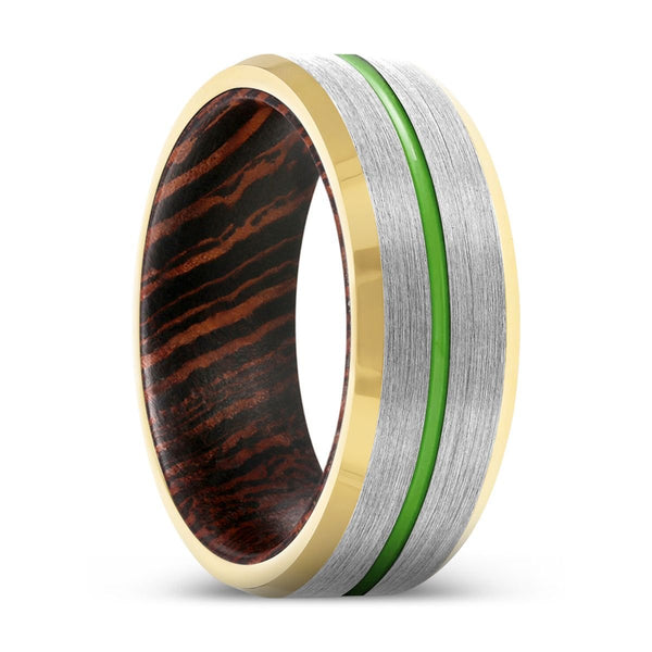 SAVANT | Wenge Wood, Silver Tungsten Ring, Green Groove, Gold Beveled Edge - Rings - Aydins Jewelry - 1