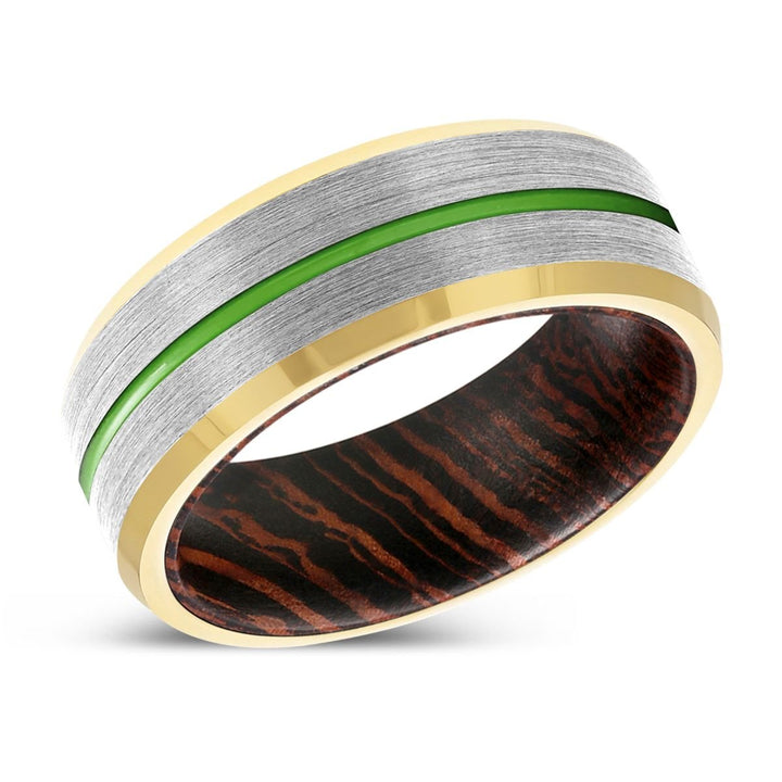 SAVANT | Wenge Wood, Silver Tungsten Ring, Green Groove, Gold Beveled Edge - Rings - Aydins Jewelry - 2