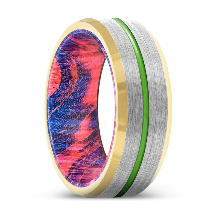 SAVINO | Blue & Red Wood, Silver Tungsten Ring, Green Groove, Gold Beveled Edge - Rings - Aydins Jewelry - 1