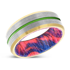 SAVINO | Blue & Red Wood, Silver Tungsten Ring, Green Groove, Gold Beveled Edge - Rings - Aydins Jewelry - 2