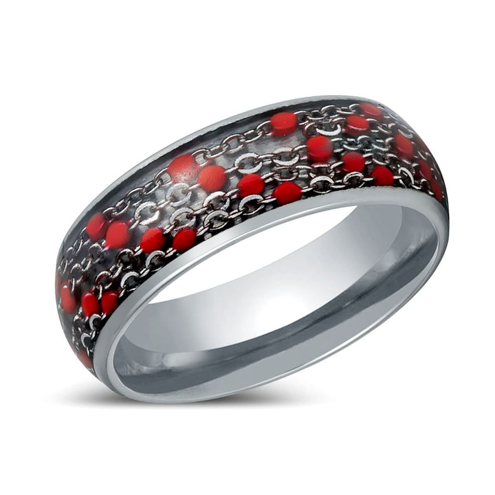 SCARLETLINK | Silver Tungsten Ring, Domed Ring with Red Beads Inlay - Rings - Aydins Jewelry - 2