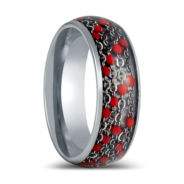 SCARLETLINK | Silver Tungsten Ring, Domed Ring with Red Beads Inlay