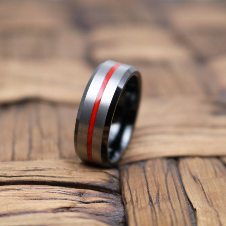 SCORCH | Black Ring, Silver Brushed Red Groove Black Beveled - Rings - Aydins Jewelry - 3