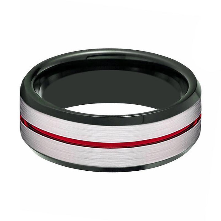 SCORCH | Black Ring, Silver Brushed Red Groove Black Beveled - Rings - Aydins Jewelry