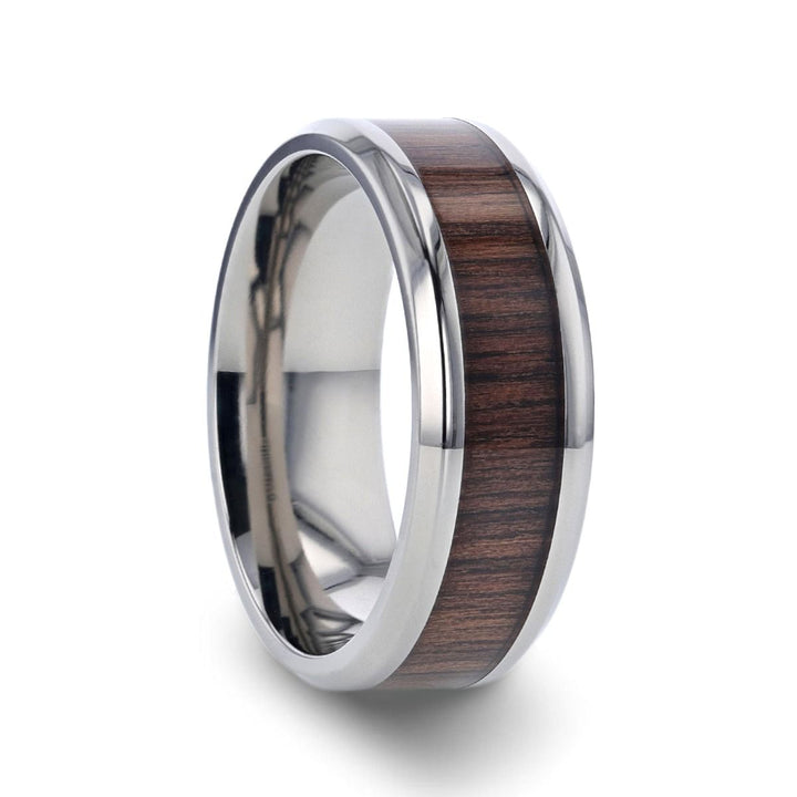 SCOTIA | Silver Titanium Ring, Black Walnut Wood Inlay, Beveled - Rings - Aydins Jewelry - 1