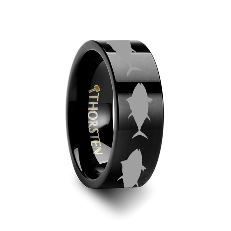 Sea Pattern Print Tuna Fish Jumping Laser Engraved Tungsten Carbide men's wedding band, image 2