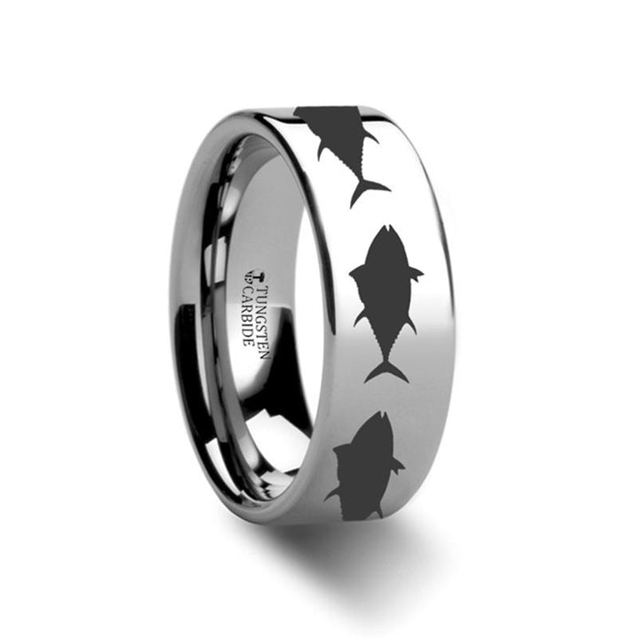 Sea Pattern Print Tuna Fish Jumping Laser Engraved Flat Tungsten Wedding Ring for Men and Women - 4MM - 12MM - Rings - Aydins Jewelry - 1