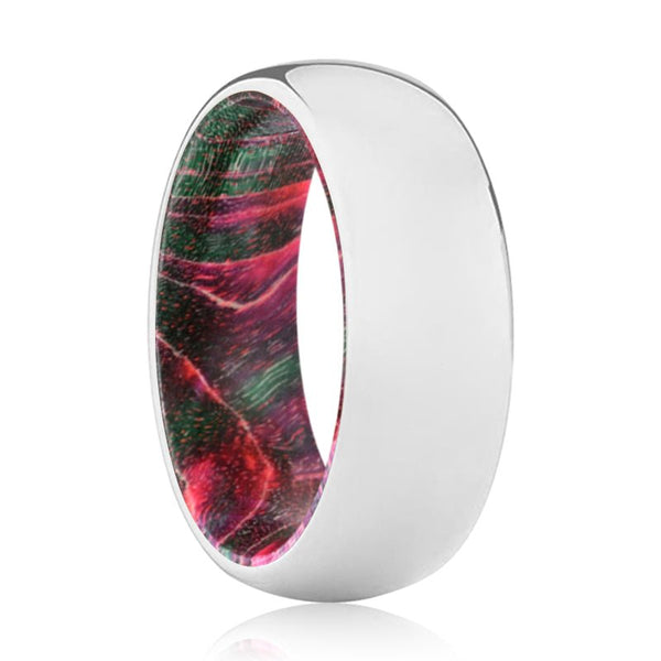 SERENITY | Green & Red Wood, Silver Tungsten Ring, Shiny, Domed - Rings - Aydins Jewelry - 1