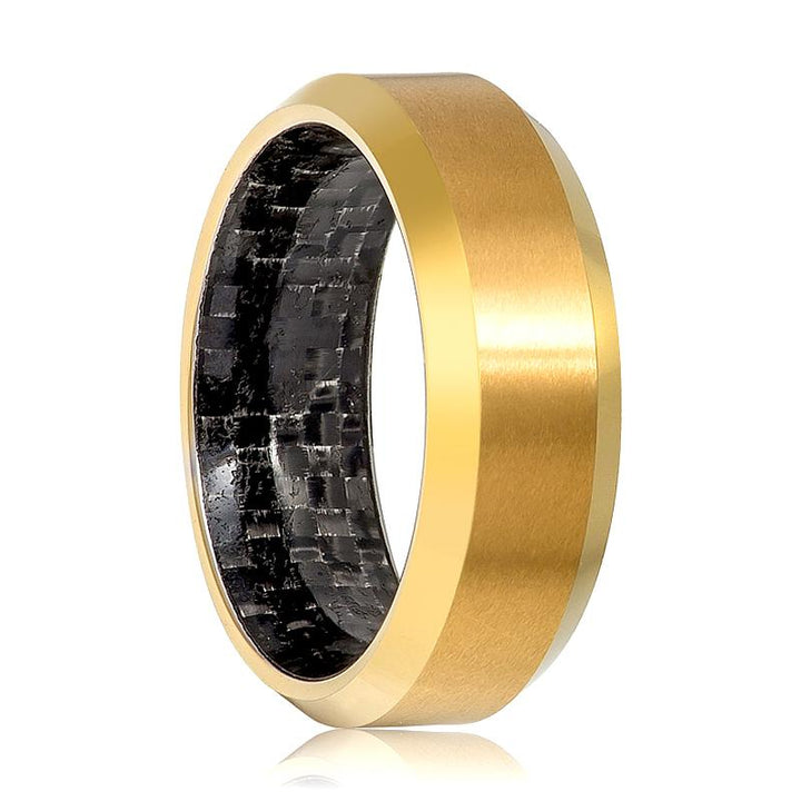 Shiny Polished Gold Tungsten Men's Wedding Band with Black Carbon Fiber Inlay - 8MM