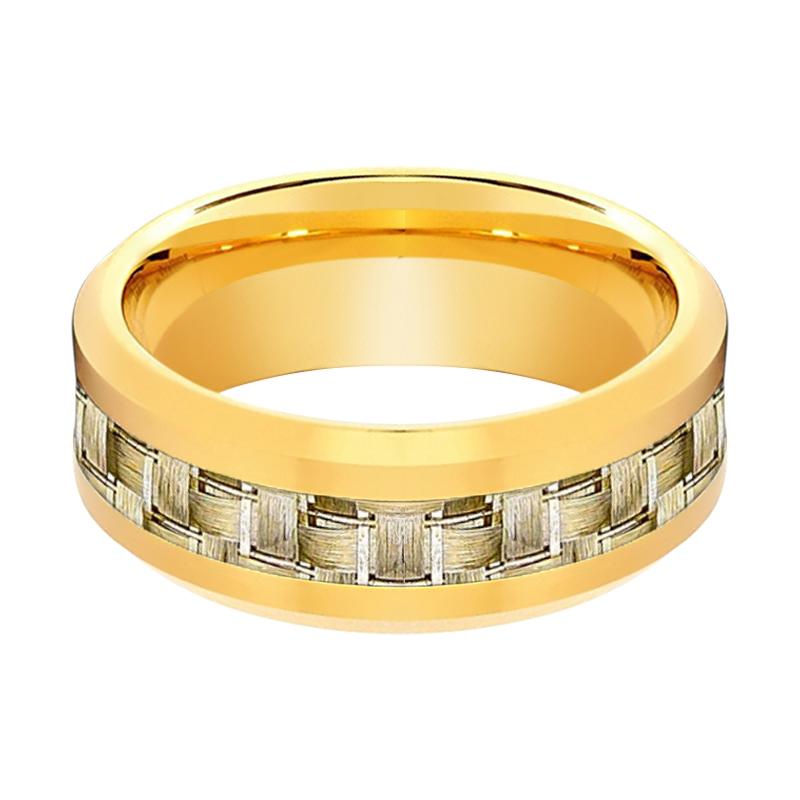 Shiny Polished Yellow Gold Men's Tungsten Wedding Band with Gold Carbon Fiber Inlay - 8MM - Rings - Aydins Jewelry - 2