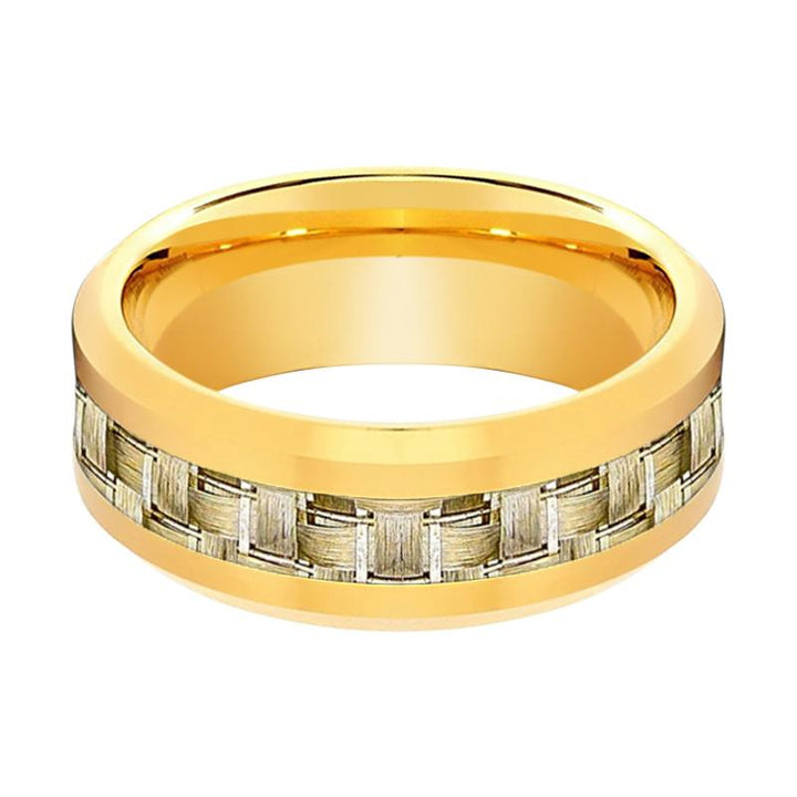 Shiny Polished Yellow Gold Men's Tungsten Wedding Band with Gold Carbon Fiber Inlay - 8MM - Rings - Aydins Jewelry - 2