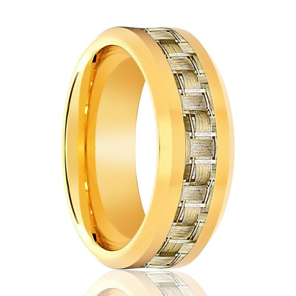 Shiny Polished Yellow Gold Men's Tungsten Wedding Band with Gold Carbon Fiber Inlay - 8MM - Rings - Aydins Jewelry - 1