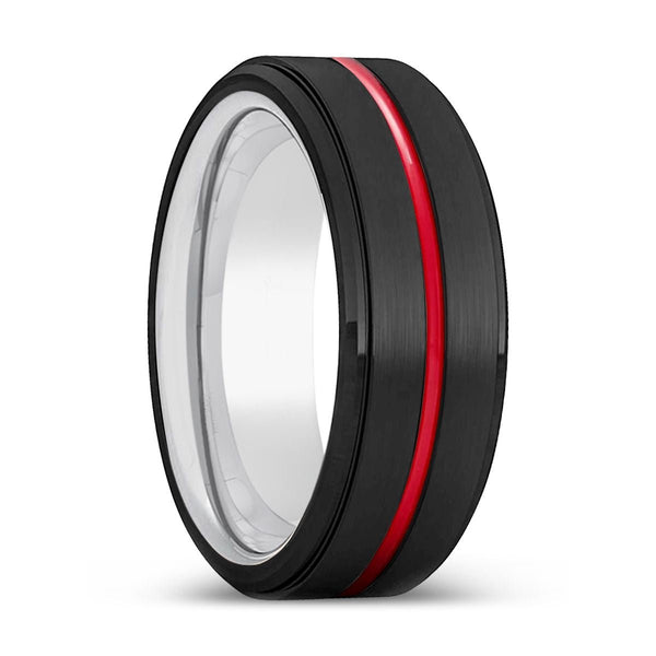 SHORTY | Silver Ring, Black Tungsten Ring, Red Groove, Stepped Edge - Rings - Aydins Jewelry - 1