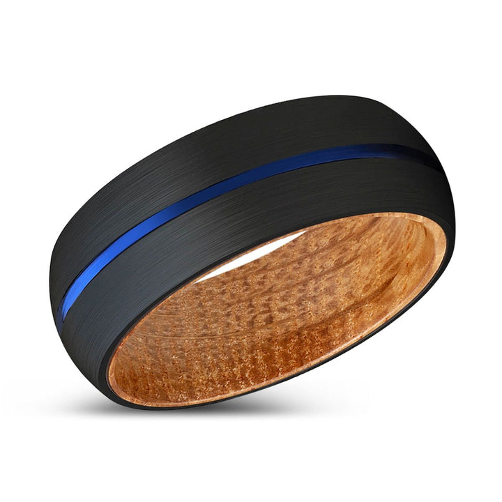 SIGGIE | Whiskey Barrel Wood, Black Tungsten Ring, Blue Groove, Domed - Rings - Aydins Jewelry - 2