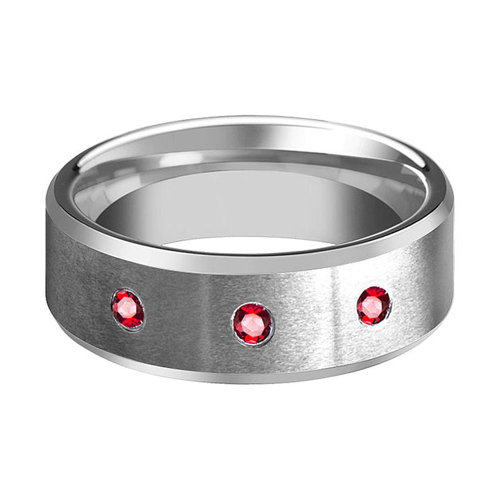 Silver Brushed Satin Finish Men's Tungsten Wedding Band with 3 Red Ruby in Center and Bevels - 8MM - Rings - Aydins Jewelry - 2