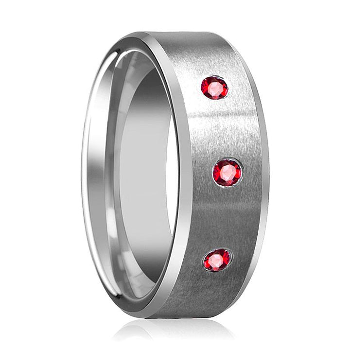 Silver Brushed Satin Finish Men's Tungsten Wedding Band with 3 Red Ruby in Center and Bevels - 8MM - Rings - Aydins Jewelry - 1