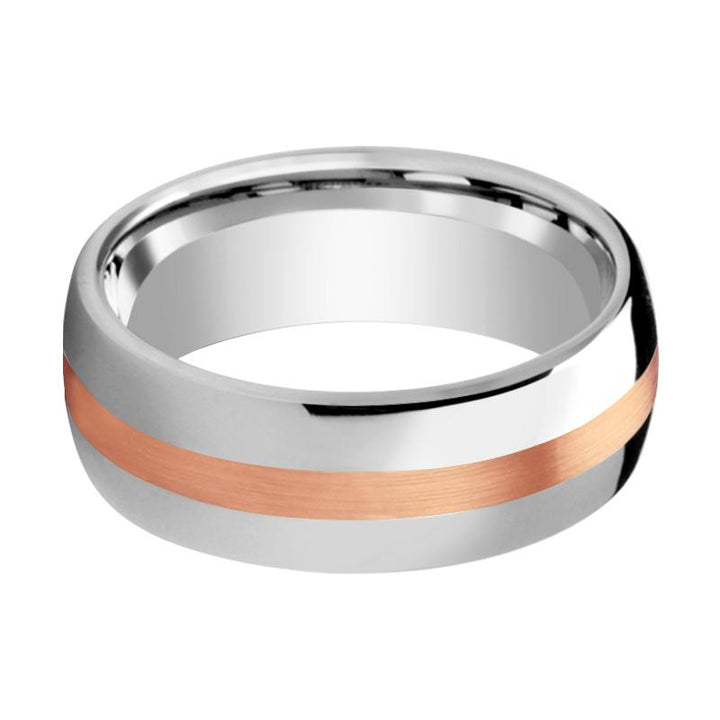 ALPHEUS | Silver Tungsten Ring, 14k Rose Gold Stripe, Domed - Rings - Aydins Jewelry - 2