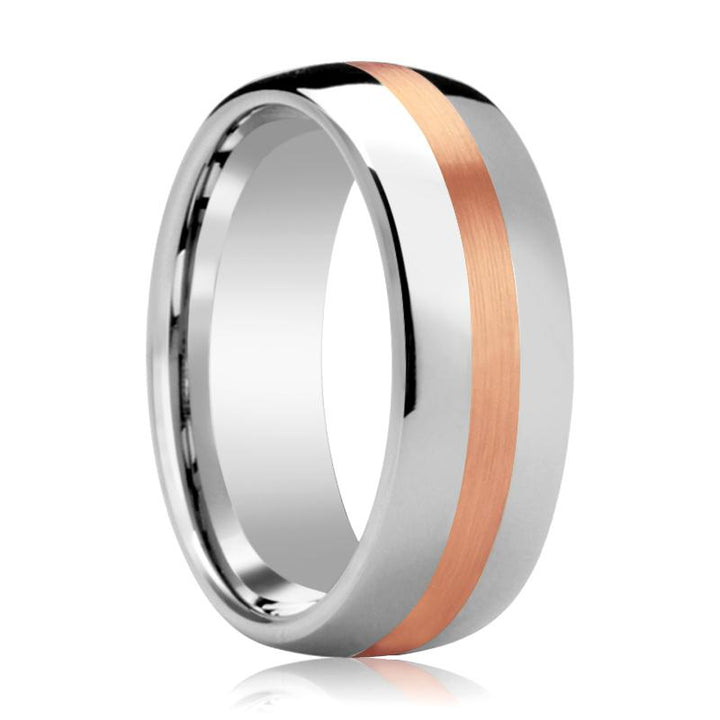 ALPHEUS | Silver Tungsten Ring, 14k Rose Gold Stripe, Domed - Rings - Aydins Jewelry - 1
