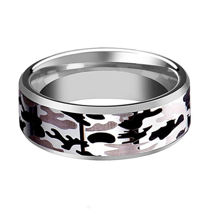 Silver Polished Men's Tungsten Wedding Band W/ Black and Gray Camo Inlay and Bevels - 8MM - Rings - Aydins Jewelry - 2