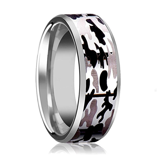 Silver Polished Men's Tungsten Wedding Band W/ Black and Gray Camo Inlay and Bevels - 8MM