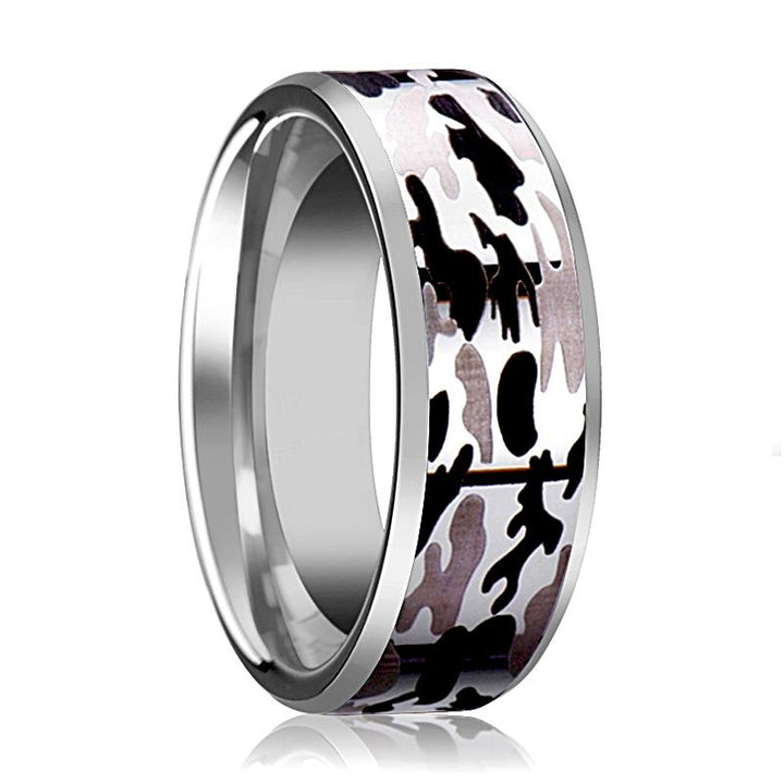 Silver Polished Men's Tungsten Wedding Band W/ Black and Gray Camo Inlay and Bevels - 8MM - Rings - Aydins Jewelry - 1