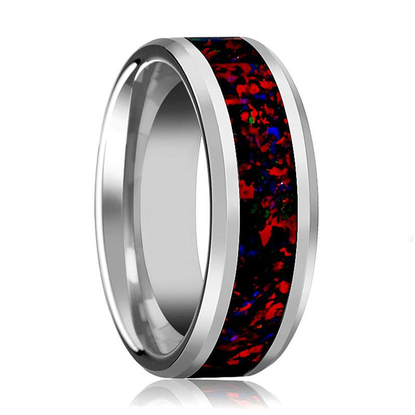 Silver Polished Men's Tungsten Wedding Band with Black Lapis Inlay & Beveled Edges - 8MM