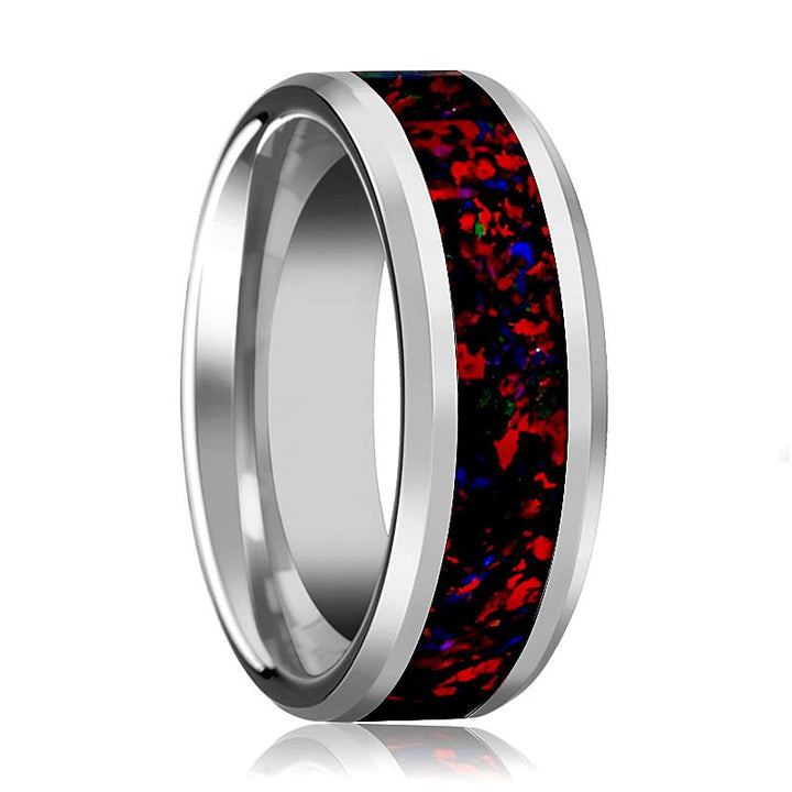 Silver Polished Men's Tungsten Wedding Band with Black Lapis Inlay & Beveled Edges - 8MM - Rings - Aydins Jewelry - 1