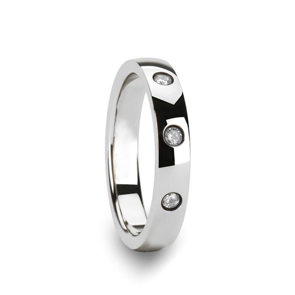 Silver Polished Tungsten Wedding Band for Men with 3 White Diamonds in Center - 4MM