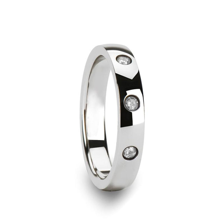 Silver Polished Tungsten Wedding Band for Men with 3 White Diamonds in Center - 4MM - Rings - Aydins Jewelry - 1