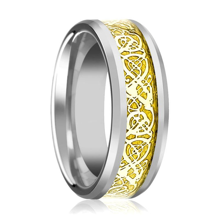 Silver Tungsten Carbide Ring for Men with Gold Celtic Dragon Inlay & Beveled Edges - 8MM