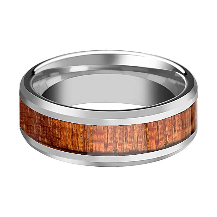 KHAYA | Silver Tungsten Ring, Mahogany Hard Wood Inlay, Beveled - Rings - Aydins Jewelry - 2