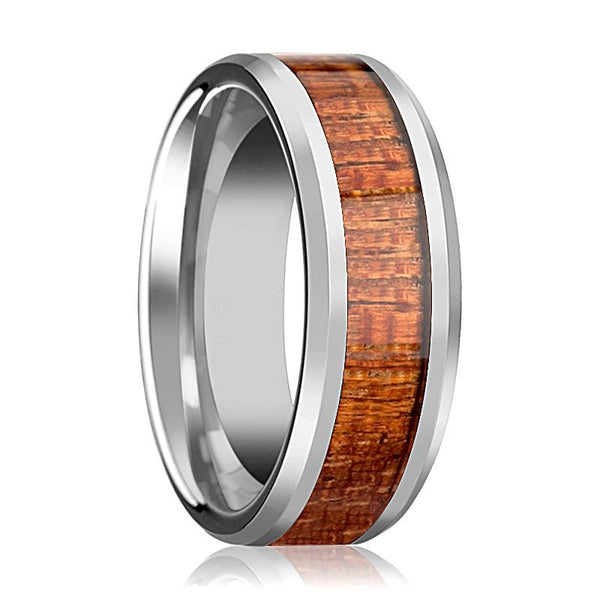 KHAYA | Silver Tungsten Ring, Mahogany Hard Wood Inlay, Beveled - Rings - Aydins Jewelry - 1