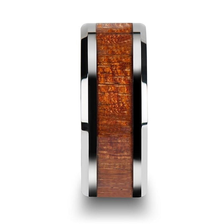 KHAYA | Silver Tungsten Ring, Mahogany Hard Wood Inlay, Beveled - Rings - Aydins Jewelry - 5