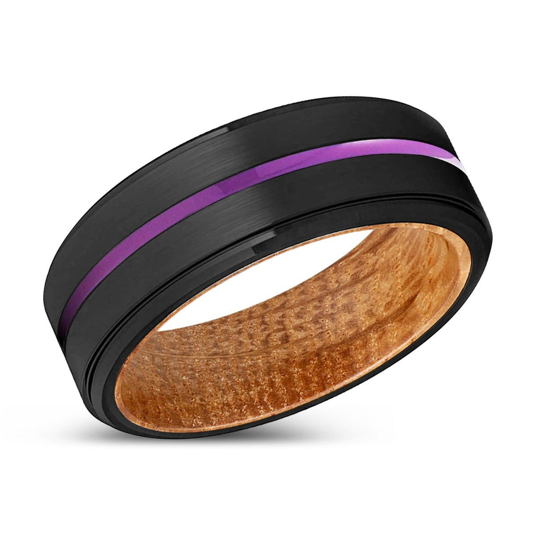 SINGLETON | Whiskey Barrel Wood, Black Tungsten Ring, Purple Groove, Stepped Edge - Rings - Aydins Jewelry - 2