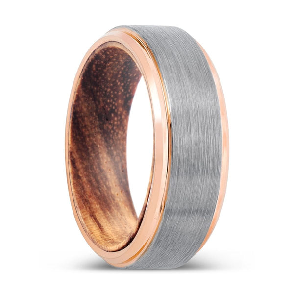SKELT | Zebra Wood, Silver Tungsten Ring, Brushed, Rose Gold Stepped Edge - Rings - Aydins Jewelry - 1