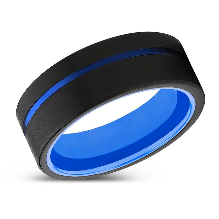 SKIPPER | Blue Ring, Black Tungsten Ring, Blue Offset Groove, Flat - Rings - Aydins Jewelry - 2