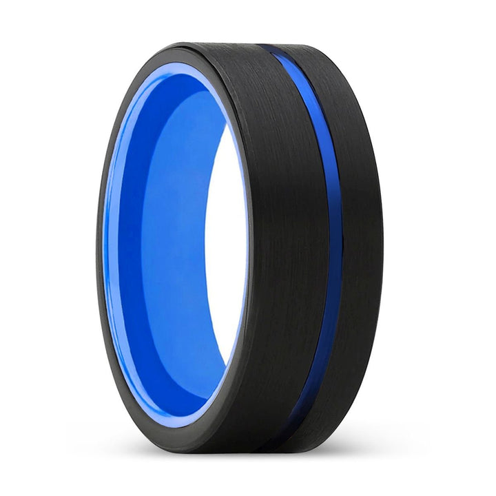 SKIPPER | Blue Ring, Black Tungsten Ring, Blue Offset Groove, Flat - Rings - Aydins Jewelry - 1