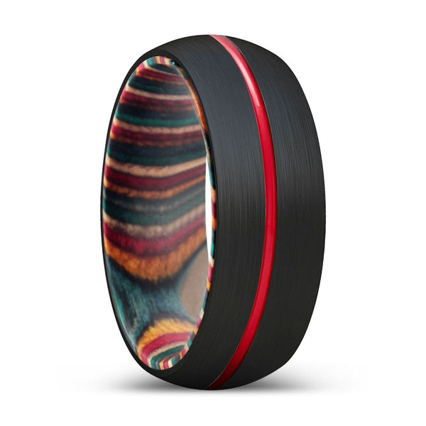 SKITTLE | Multi Color Wood, Black Tungsten Ring, Red Groove, Domed - Rings - Aydins Jewelry - 1