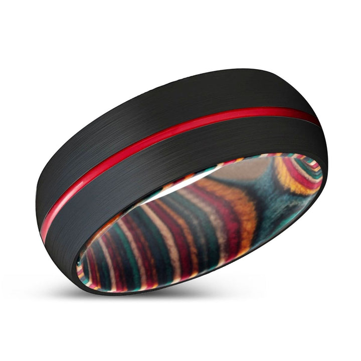 SKITTLE | Multi Color Wood, Black Tungsten Ring, Red Groove, Domed - Rings - Aydins Jewelry - 2