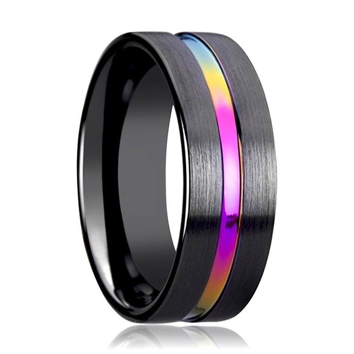 SKYBOW | Black Ceramic Ring, Rainbow Groove Inaly, Flat - Rings - Aydins Jewelry - 1