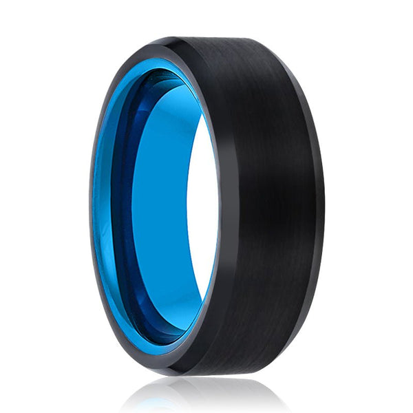 SKYLAR | Blue Tungsten Ring, Black Tungsten Ring, Brushed, Beveled - Rings - Aydins Jewelry - 1